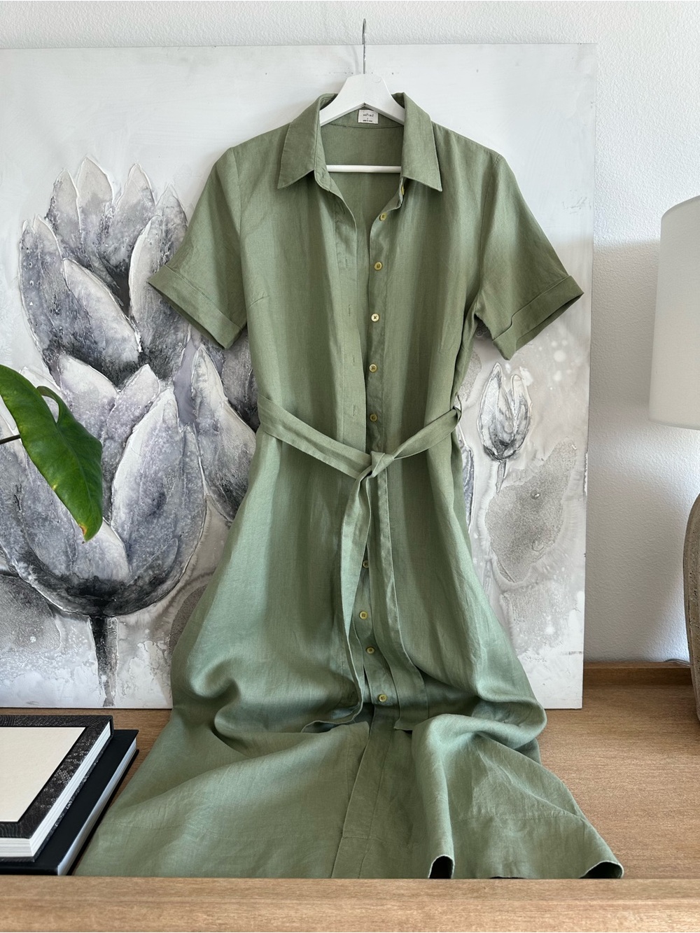 Wilfred Olive Green Button-Front Midi Shirt Dress with Tie Belt